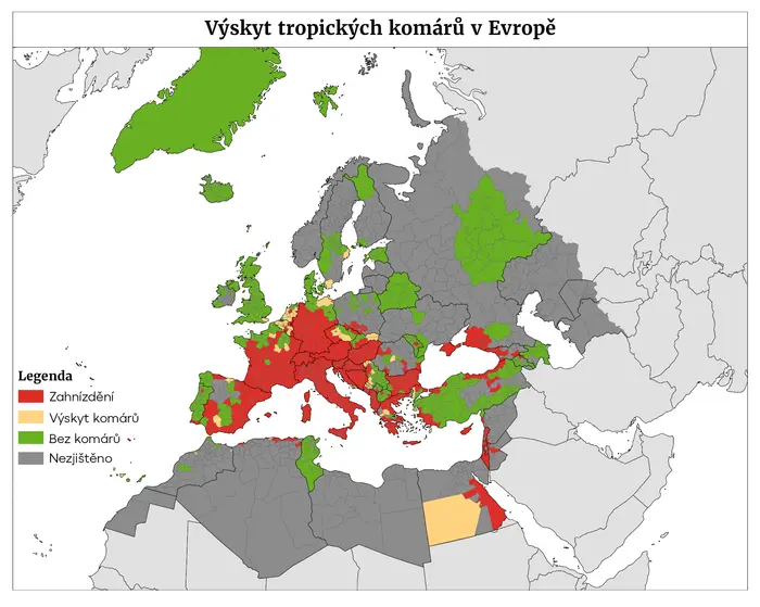 MAPA Výskyt komárů v Evropě