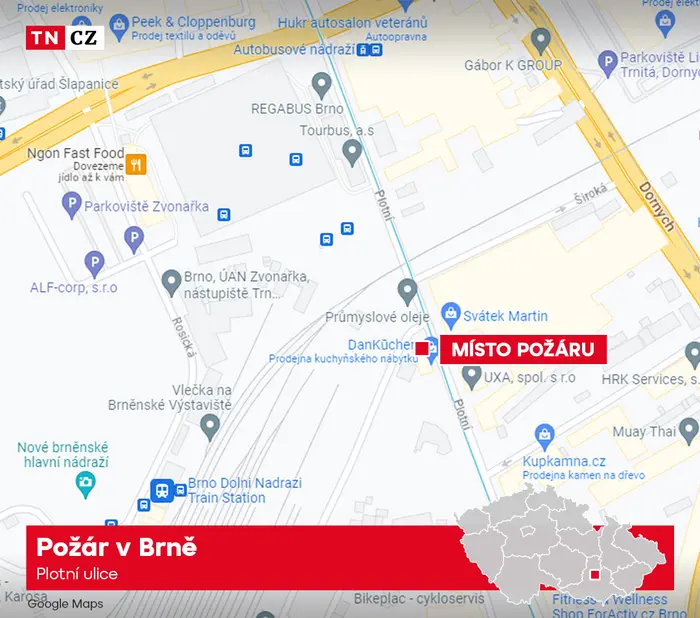 Mapa požáru v Brně