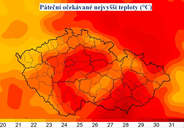 Páteční očekávané nejvyšší teploty (°C)