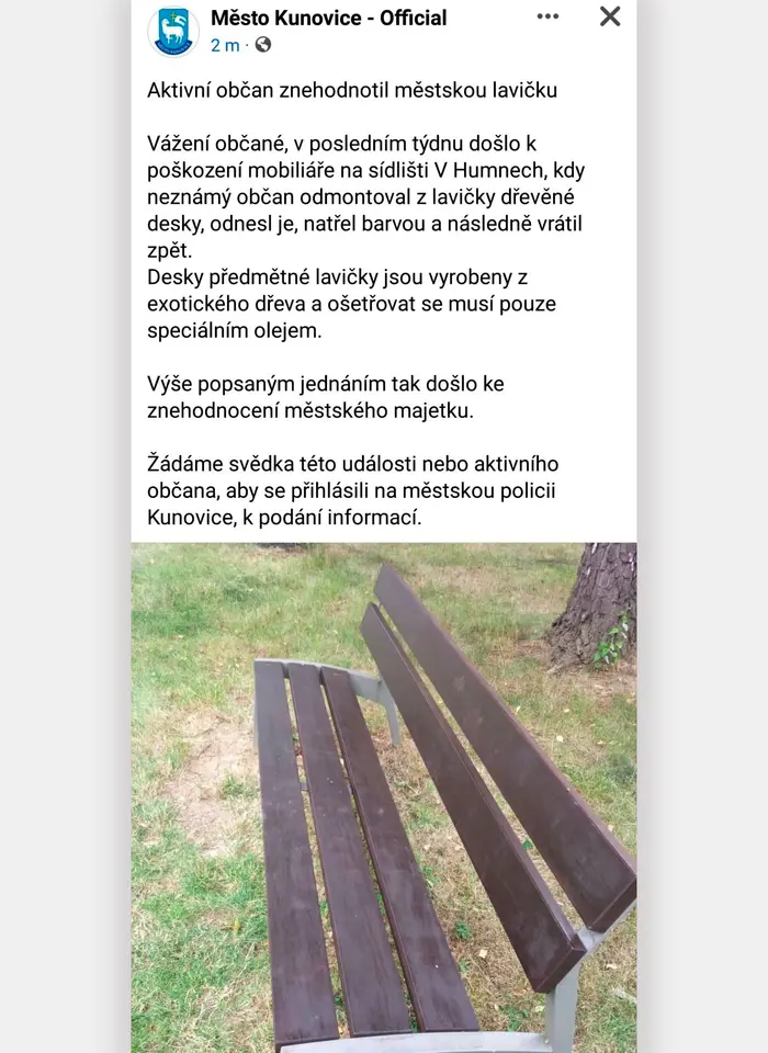 Příspěvek na facebookových stránkách města