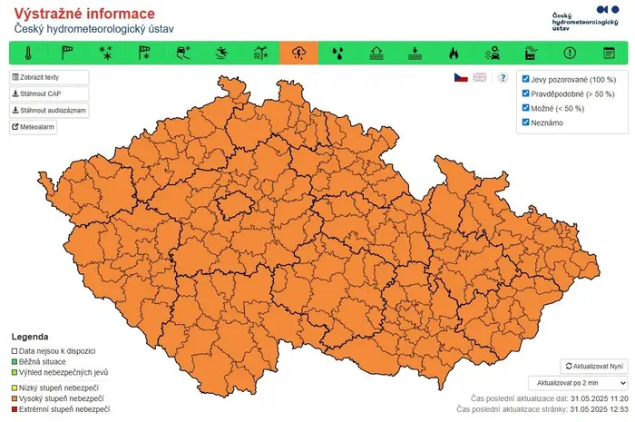 Výstraha před velmi silnými bouřkami, neděle 1. 6. 2025