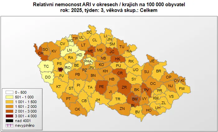 Relativní nemocnost akutních respiračních onemocnění v jednotlivých okresech na 100 000 obyvatel