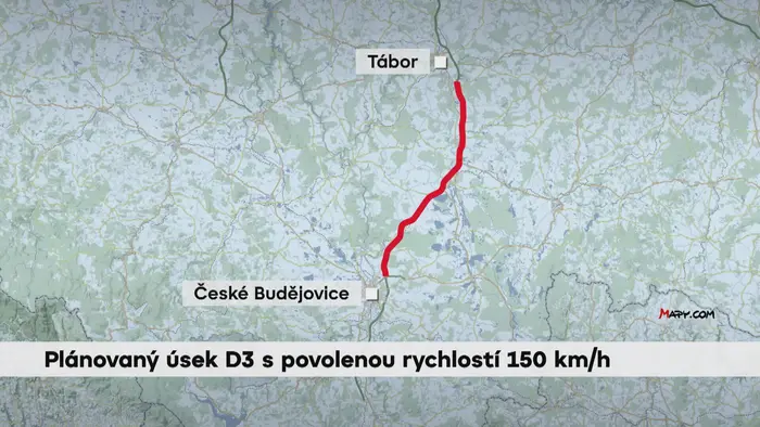 Plánovaný úsek D3 s povolenou rychlostí 150 km/h