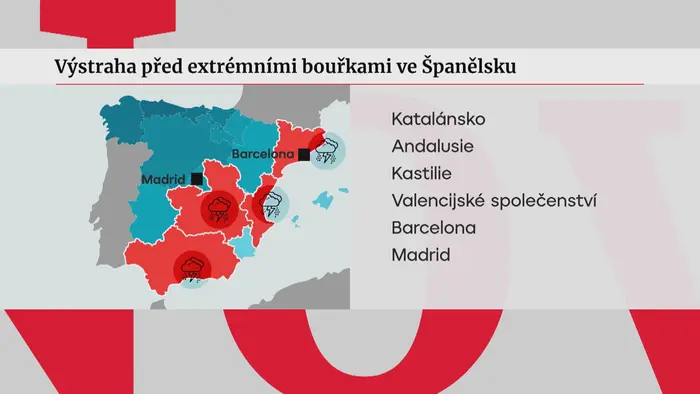 Výstraha před extrémními bouřkami ve Španělsku