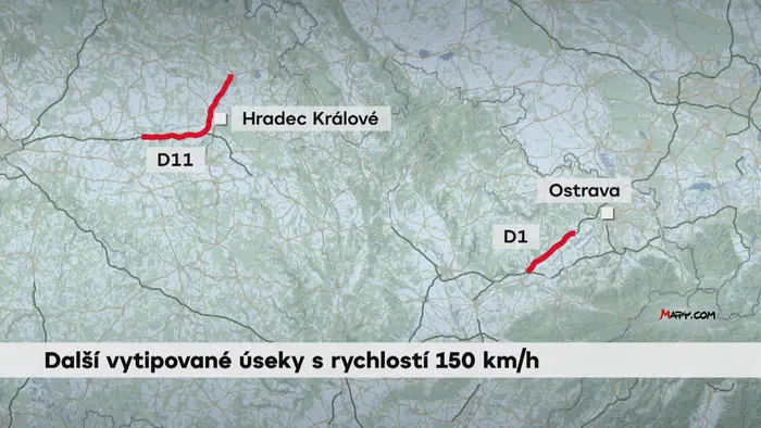 Další vytipované úseky s rychlostí 150 km/h