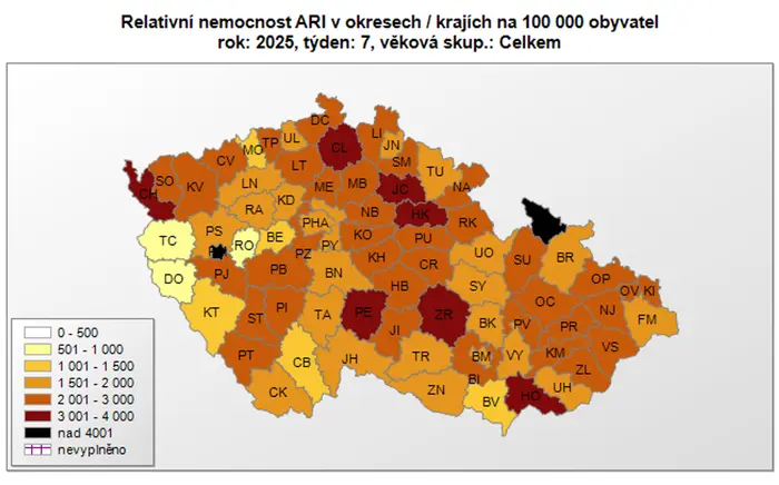 Relativní nemocnost akutních respiračních onemocnění v jednotlivých okresech