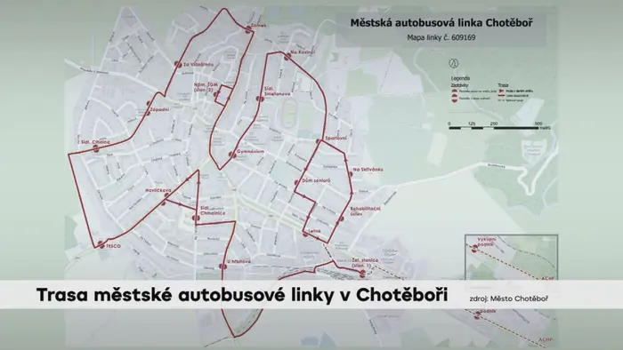 Trasa městské autobusové linky v Chotěboři