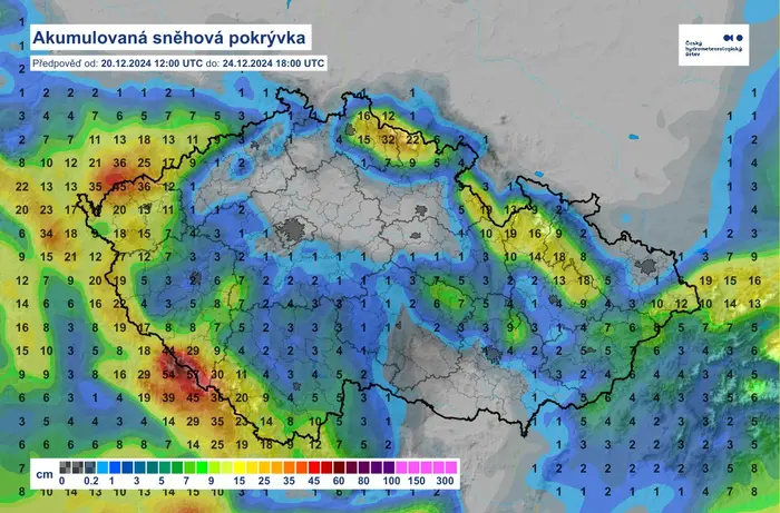 Předpokládané úhrny sněhu až do Štědrého večera
