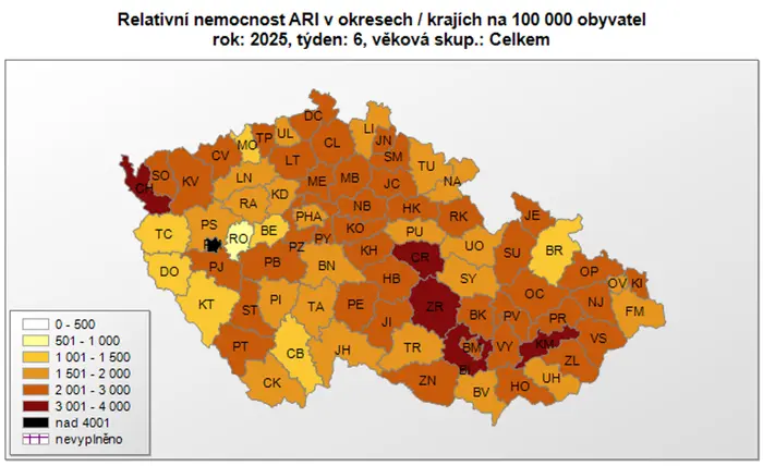Relativní nemocnost akutních respiračních onemocnění v jednotlivých okresech