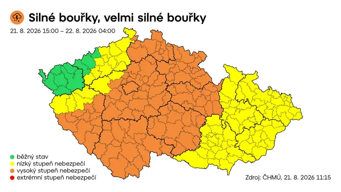 Výstraha ČHMÚ – Silné bouřky, velmi silné bouřky