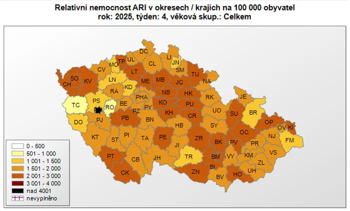 Relativní nemocnost akutních respiračních infekcí v jednotlivých okresech