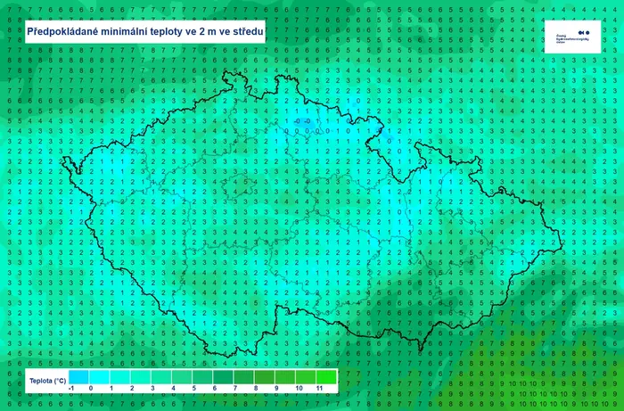 Předpokládané minimální teploty ve 2 m, středa 6. 5. 2025