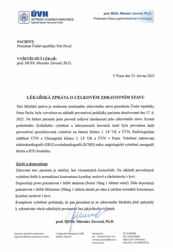Lékařská zpráva Petra Pavla