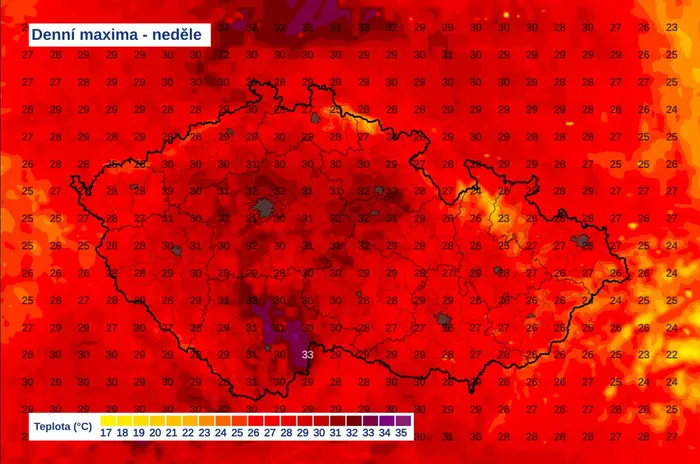 Maximální teploty v neděli 15. června 2025