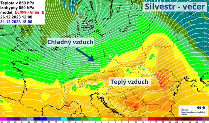Teplota ve výšce cca 1500 m n.m. nad střední Evropou na Silvestra večer dle modelu ECMWF