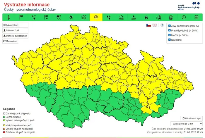 Výstraha před silnými bouřkami, sobota 31. 5. 2025