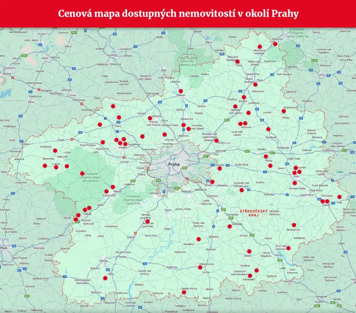 Cenová mapa dostupných nemovitostí v okolí Prahy