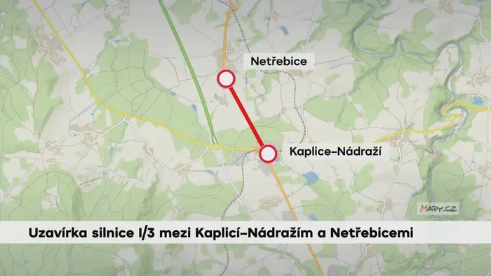 Uzavírka silnice I/3 mezi Kaplicí-Nádražím a Netřebicemi
