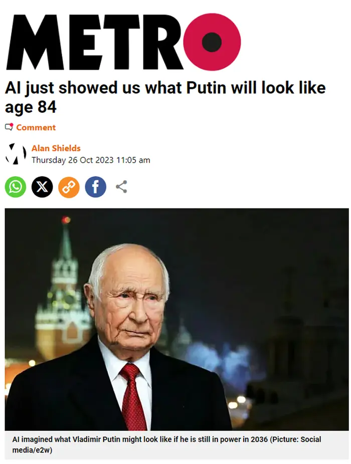 Zobrazení Vladimira Putina ve věku 84 let umělou inteligencí