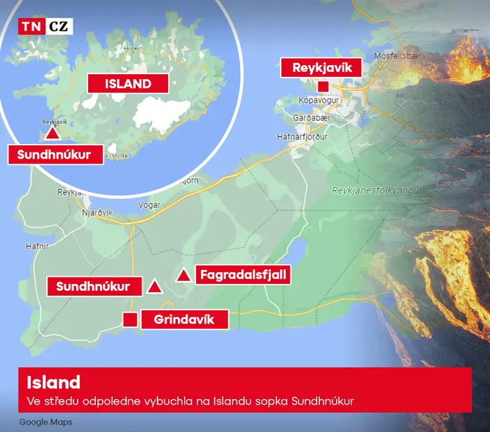 Z islandského sopečného kráteru Sundhnúkur se valí láva