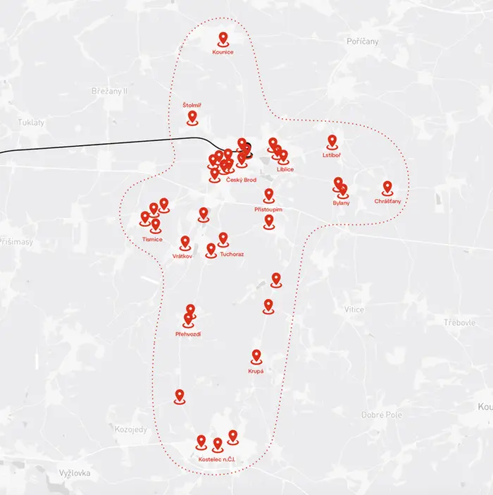 Mapa oblasti, kde budou mikrobusy na objednávku jezdit