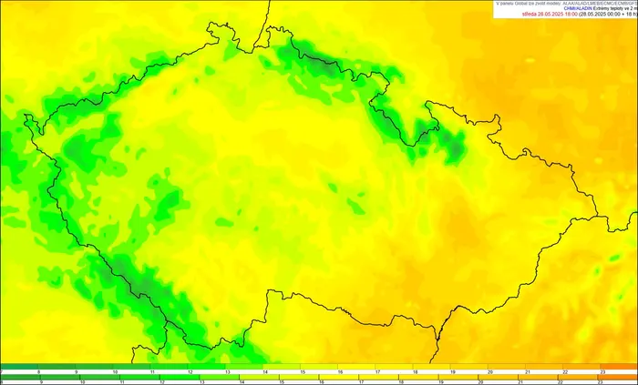Mapa s očekávanými nejvyššími teplotami ve středu