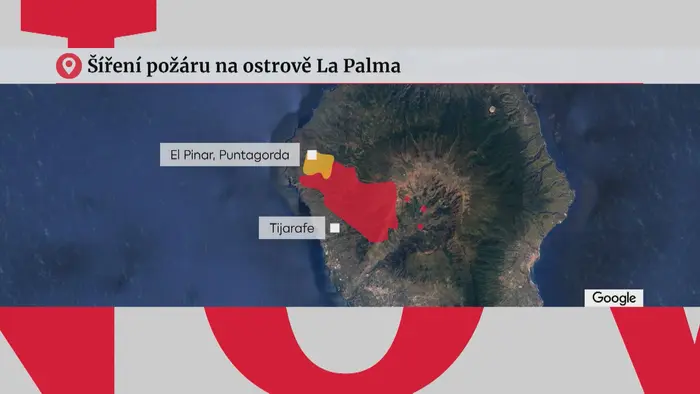 Šíření požáru na ostrově La Palma