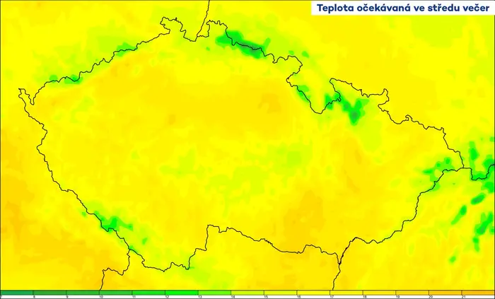 Teplota očekávaná ve středu 30. dubna večer
