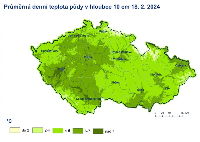 Průměrná denní teplota půdy v hloubce 10 cm, 18. 2. 2024