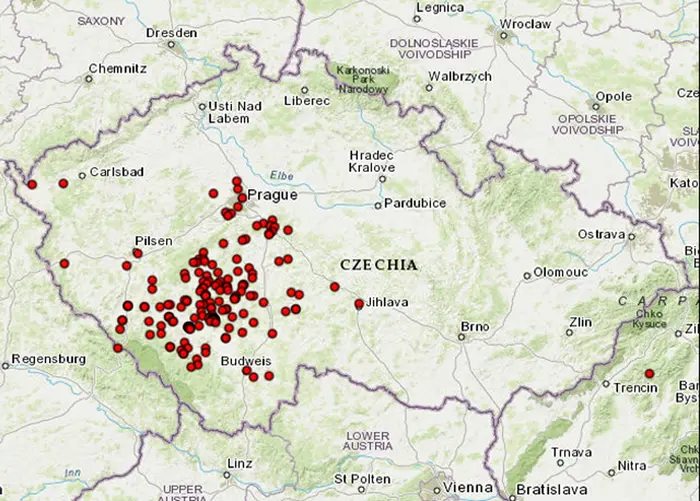 Mapa hlášených pozorování zemětřesení
