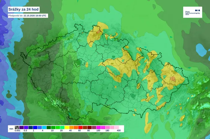 Předpokládaná suma srážek za 24 hodin do čtvrtka 20:00 SELČ