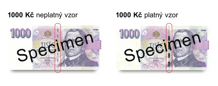 Neplatné vzory bankovek jsou nejsnáze rozpoznatelné šířkou stříbřitého proužku