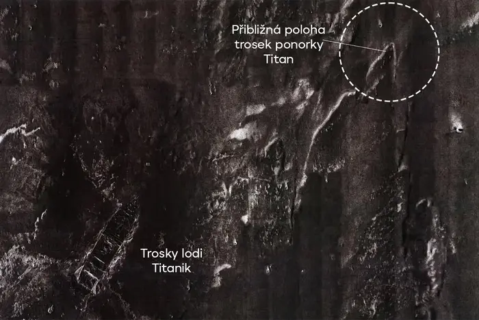 Mapa vraku ponorky Titan a lodi Titanic