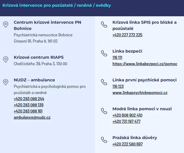 Krizová intervence pro pozůstalé, raněné nebo svědky střelby na filozofické fakultě