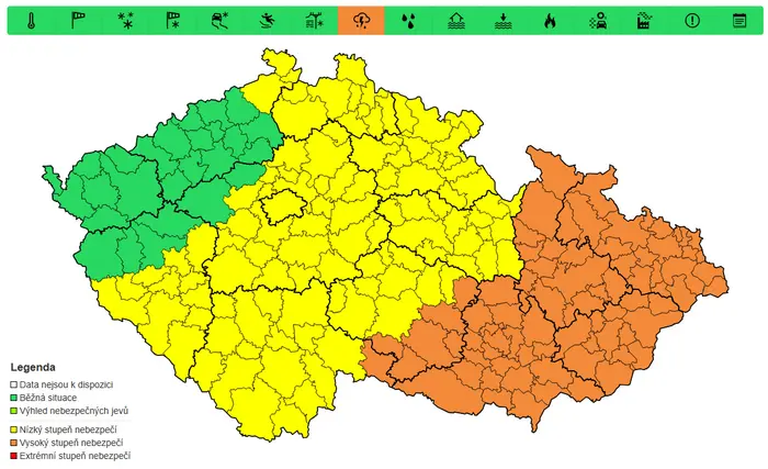 Výstraha před bouřkami, pondělí 2. 6. 2025
