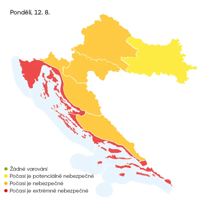 Výstraha před vysokými teplotami v Chorvatsku, 12. 8.