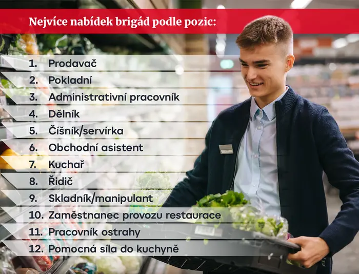 Nejvíce nabídek brigád podle pozic