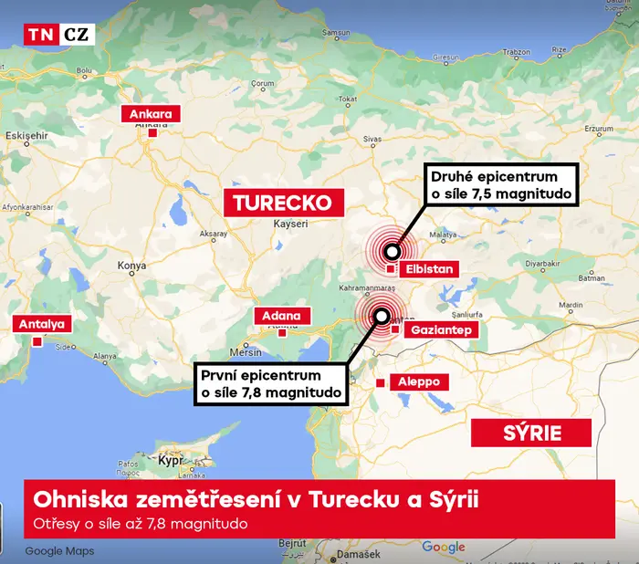 Ohniska zemětřesení v Turecku