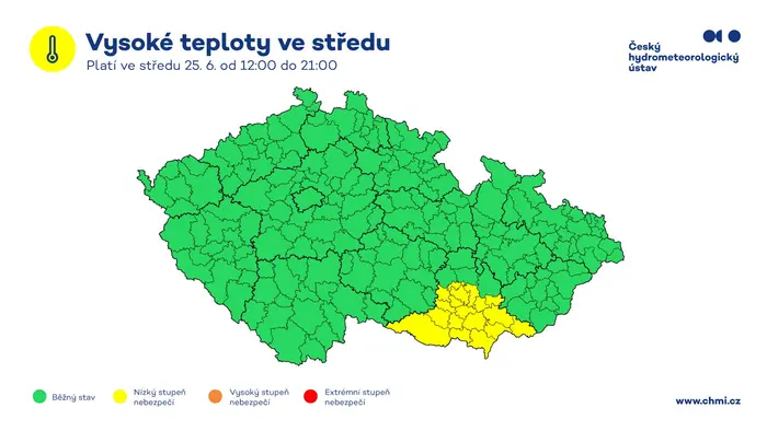 Výstraha před vysokými teplotami, 25. 6. 2025