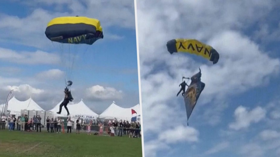 VIDEO: Drama při oslavách. Parašutista přistál v davu, dvě divačky zranil