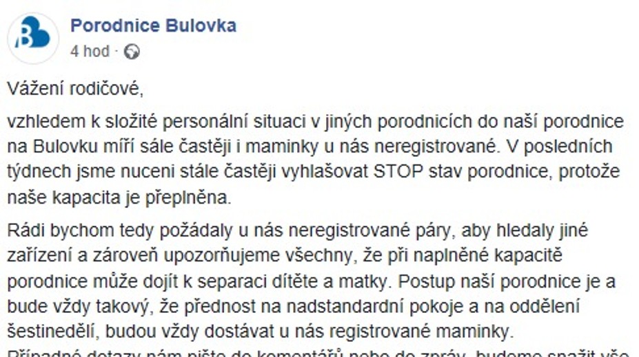 Pražské porodnice mají plnou kapacitu. Vyhlašují stop stav