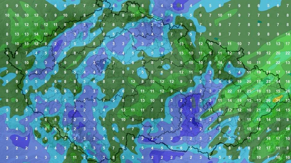 Žene se studená fronta s deštěm a bouřkami. Mapa ukazuje, kde bude pršet nejvíc