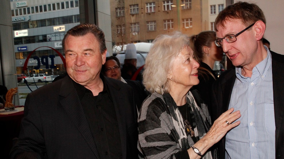 Zleva Václav Postránecký, Květa Fialová a Jiří Hromada, 19. 3. 2014 Ceny Thálie