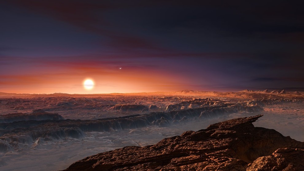 Umělecké zobrazení povrchu Proximy b a hvězdy Proxima Centauri