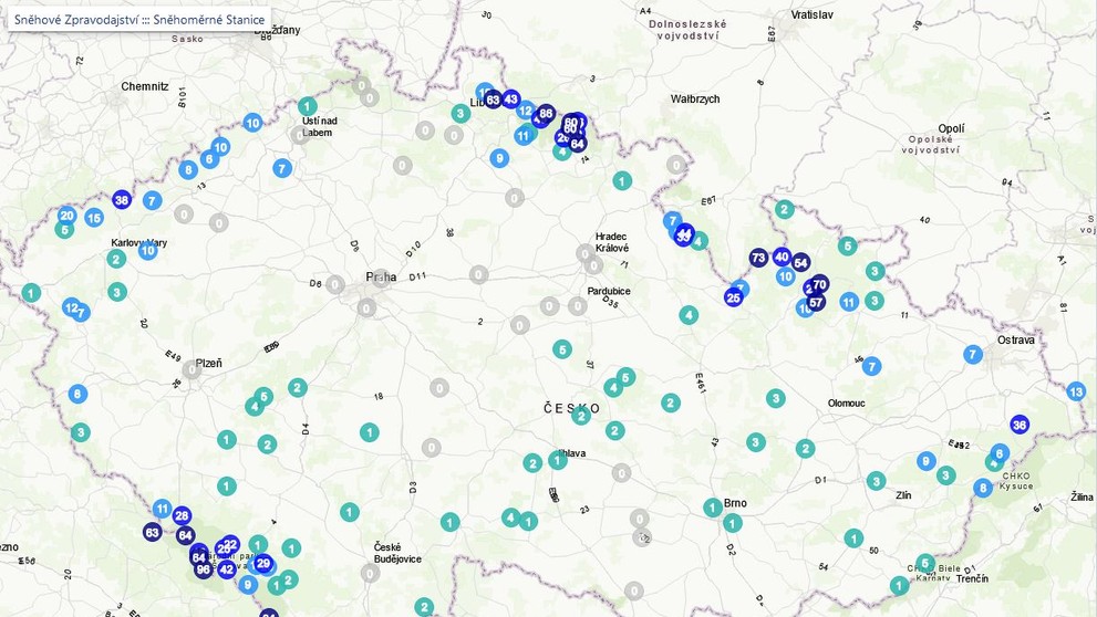 Přehled výšky sněhové pokrývka v pátek v 7 hodin
