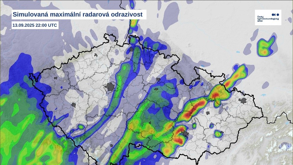 Simulovaná maximální radarová odrazivost – sobota