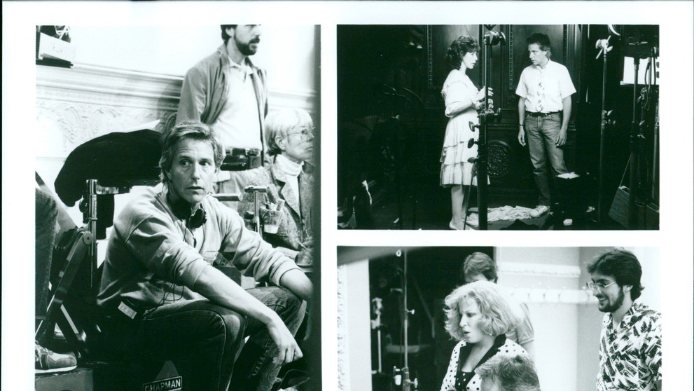 Jim Abrahams a herci Bette Midlerová, Lily Tomlinová během natáčení filmu Kšeft za všechny prachy, 1988