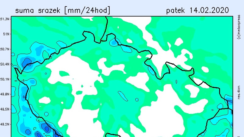 Mapa srážek - pátek 14. února