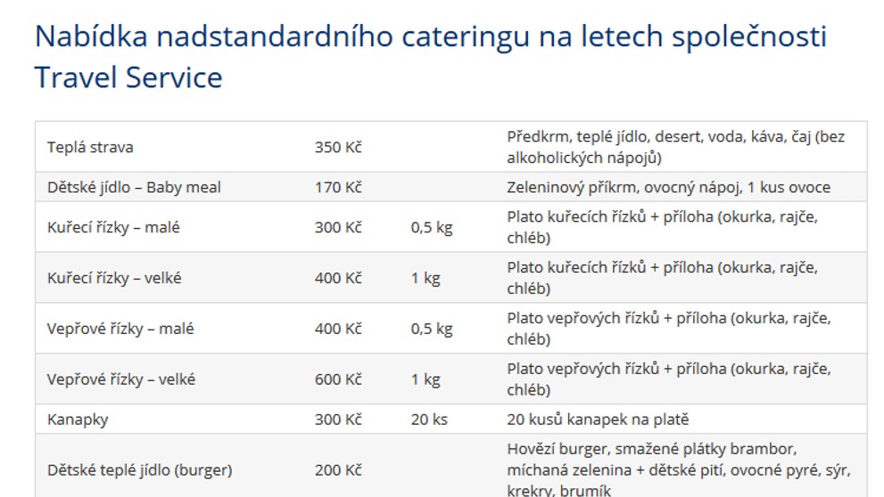 Nabídka nadstandardního cateringu společnosti TravelService