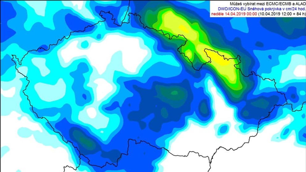 Předpokládaná nová sněhová pokrývka za 24 hodin 14. 4. 2019 - 0:00